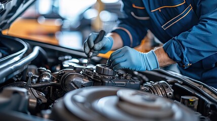 mechanic working on a gearbox, engine parts, and machinery in a modern workshop for a car repair service center