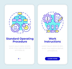 SOP benefits onboarding mobile app screen. Operating procedures. Walkthrough 2 steps editable graphic instructions with linear concepts. UI, UX, GUI template. Montserrat SemiBold, Regular fonts used