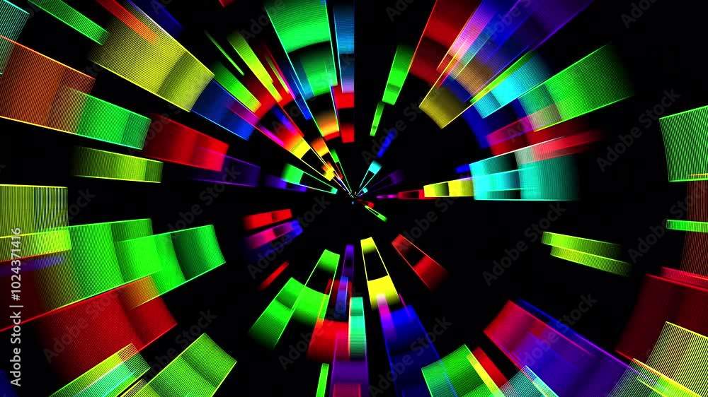 Poster neon colored square shapes in circular animation on a black background