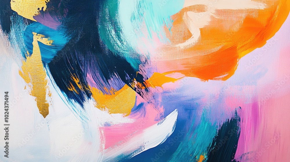 Poster abstract oil painting featuring vibrant colors and dynamic brushwork incorporating golden elements a