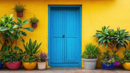 Vibrant Yellow Building with a Blue Door