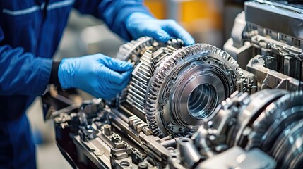 Fototapeta premium mechanic working on a gearbox, engine parts, and machinery in a modern workshop for a car repair service center