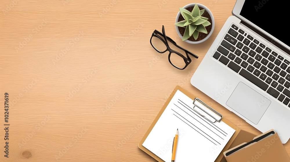 Poster streamlined and efficient office workspace featuring laptops documents and a clean flat design showc