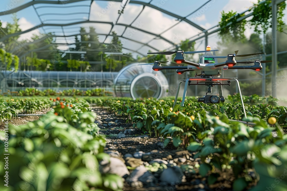 Aufkleber Drones and sensors monitor crops in a high-tech farm, enhancing agricultural efficiency through advanced AI technologies. Generative AI