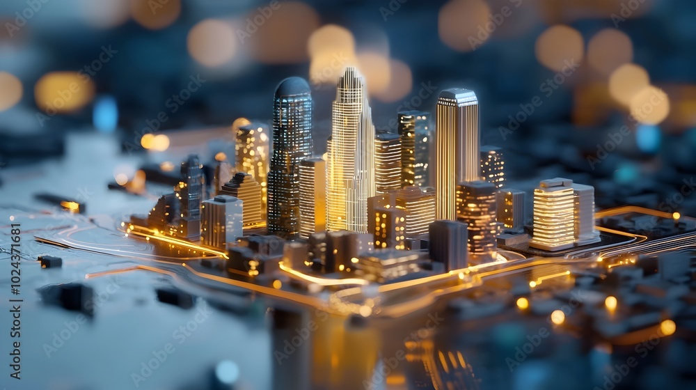 Poster glowing futuristic digital cityscape with abstract metropolis concept in 3d futuristic architecture 