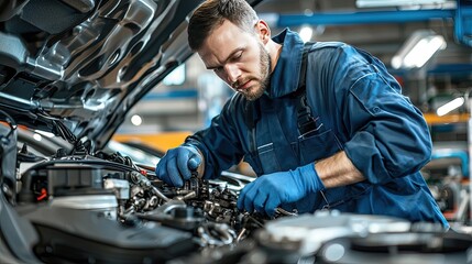mechanic working on a gearbox, engine parts, and machinery in a modern workshop for a car repair service center