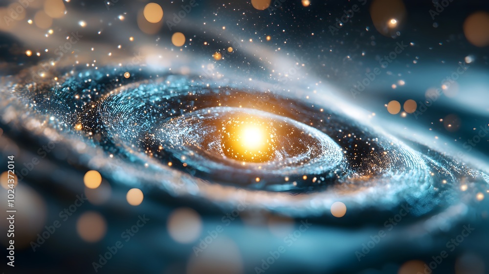 Poster glowing abstract spheres orbiting around a central core creating a dynamic and mesmerizing energy co
