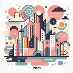 Obraz premium bstract urban skyline illustration for 2025, featuring modern architecture and dynamic shapes