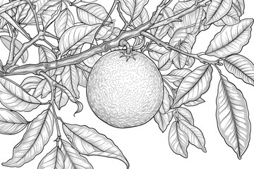 Coloring book illustration of an orange nestled among leaves on a tree branch showcasing the harvest of citrus fruits suitable for a decorative background or backdrop