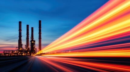 A colorful sunset captures a dynamic industrial scene with smokestacks, illuminated by streaks of light, emphasizing energy and movement.