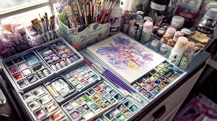 Naklejka premium A close-up of a well-organized artist's workspace with a variety of art supplies, including paints, brushes, and drawing paper.