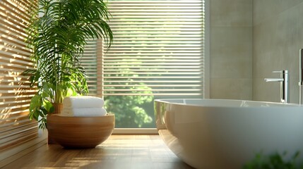 Fototapeta premium Luxurious spa like bathroom showcasing a harmonious blend of modern minimalist design elements and serene natural materials for a calming high end living experience