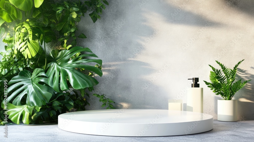 Poster 3D render of an empty white round product display with a mirrored glass shower screen and a lush green monstera plant Natural beauty theme backdrop mock up bathroom podium
