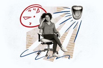 Creative young woman armchair office worker deadline time management clock miss late urgency scream...