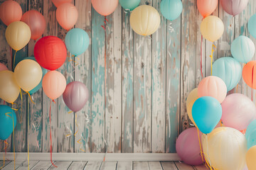 A rustic wooden wall backdrop with colorful balloons in pastel shades of blue, pink, yellow and red.