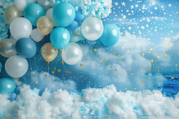 Blue and White Balloons Floating in Clouds