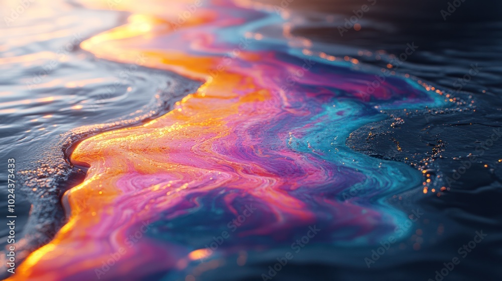 Poster abstract colorful liquid flowing on a dark surface, creating a vibrant and dynamic pattern.