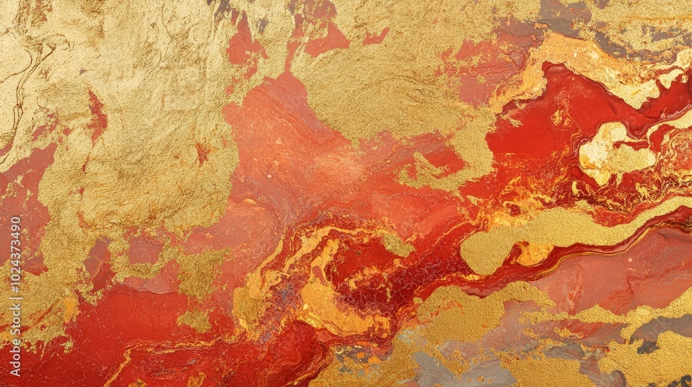 Poster abstract golden red marble background with textures painted marbled print in gold and red acrylic fl