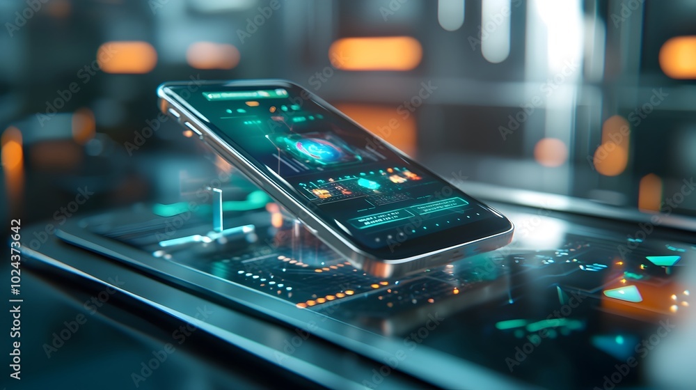 Poster futuristic smartphone with advanced holographic display and innovative augmented reality capabilitie