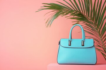 Stylish turquoise handbag with tropical palm leaf on pink background