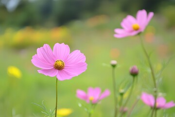 Vibrant pink flowers blooming in a lush green meadow under soft sunlight