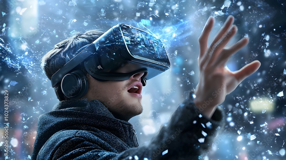 Poster futuristic virtual reality headset immersed in surreal digital landscape 3d of a user experiencing a