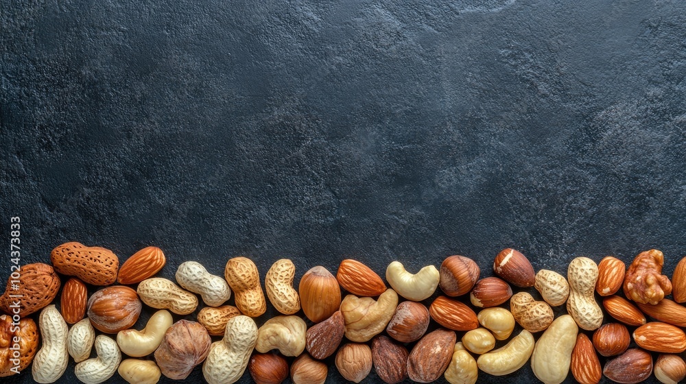 Poster Assorted nuts arranged in a row on a dark stone surface creating a textured background with ample space for text
