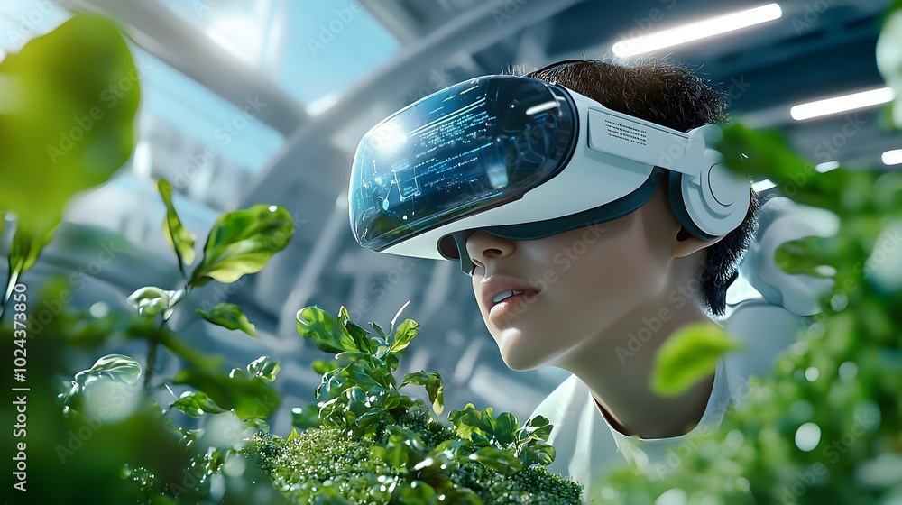 Poster a person wearing a virtual reality headset fully immersed in a futuristic digital 3d world exploring