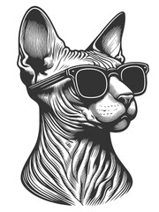 Sphynx cat confidently wearing sunglasses, exuding coolness and attitude sketch engraving generative ai vector illustration. Scratch board imitation. Black and white image.