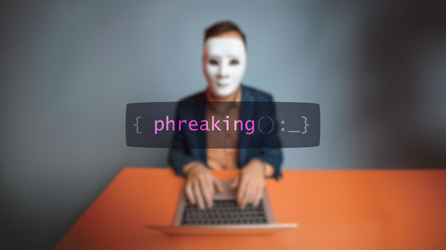 Cybersecurity concept phreaking on foreground screen, hacker silhouette hidden with low poly style mask. Vulnerability and attack on colored code editor. Text in English, English text
