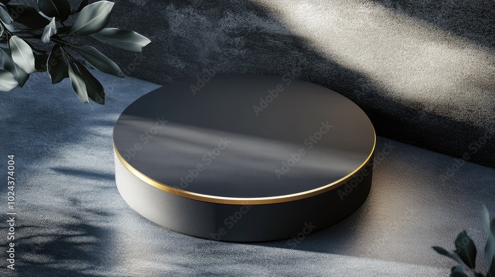 Aufkleber 3D rendering of a top view flat lay display featuring a dark graphite gray cylinder podium serving as a minimalistic and luxurious photography backdrop with a golden line