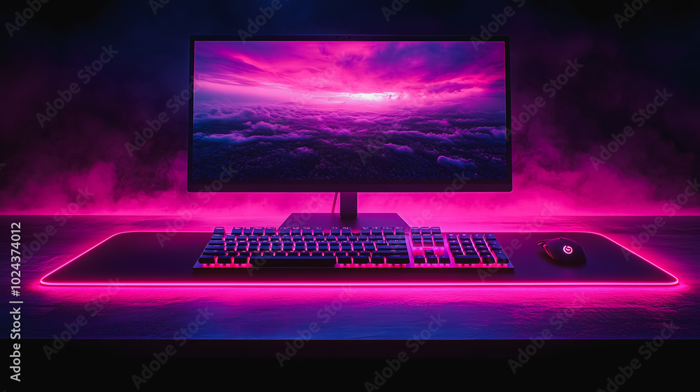 Poster a computer monitor with a purple background and a picture of a sky with clouds. the monitor is on a 