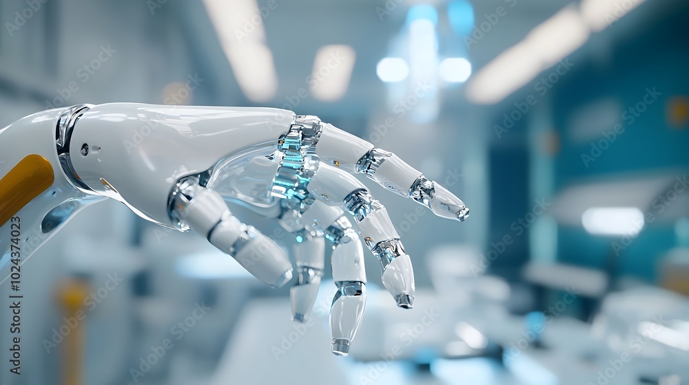 Poster futuristic robotic arm working meticulously on electronic components in a state of the art digitally