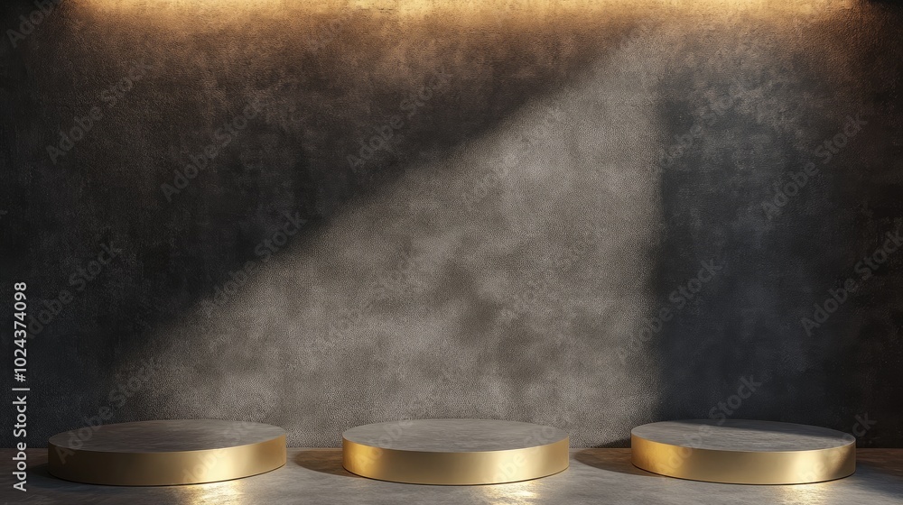Poster Abstract concept featuring three circular pedestals arranged in a minimalist space with dark tones designed for showcasing products on a golden platform 3D render