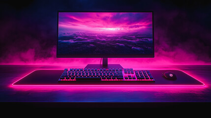 A computer monitor with a purple background and a picture of a sky with clouds. The monitor is on a desk with a keyboard and a mouse