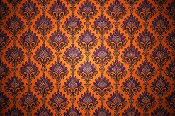 Symmetrical orange wallpaper design with purple and black accents