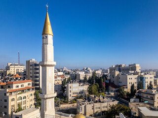 Gold-clad minaret at a mosque in downtown Ramallah, the capital of the Palestinian Territories in the West Bank