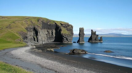 Dramatic Black Sand Beach with Volcanic Cliffs