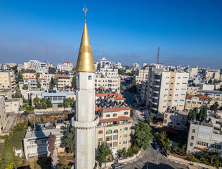 Gold-clad minaret at a mosque in downtown Ramallah, the capital of the Palestinian Territories in...