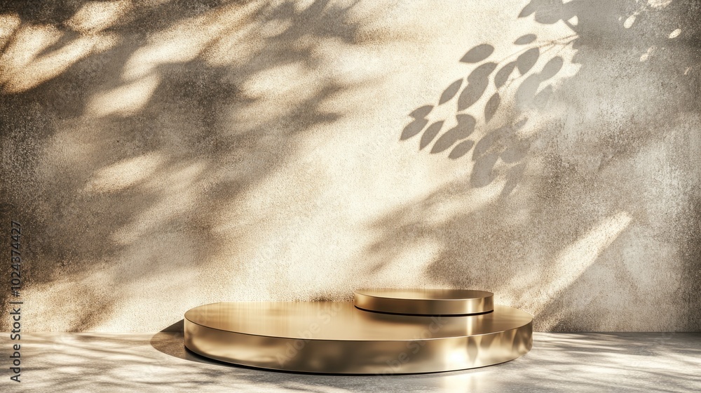 Poster 3D rendering of a two tier round glossy gold podium illuminated by dappled sunlight with leaf shadows cast on a beige concrete abstract wall creating a luxurious backdrop for displaying beauty and