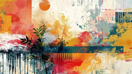 Abstract Artwork with Greenery and Geometric Shapes