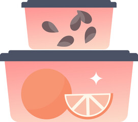 Illustration of reusable containers with fruits and seeds, symbolizing freshness and sustainability.