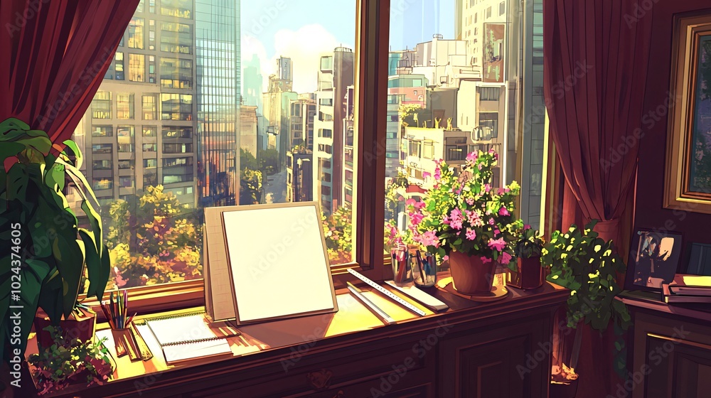 Poster a desk with a blank canvas in front of a large window overlooking a city.