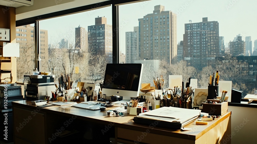 Poster a desk with a computer and art supplies in front of a large window with a view of a city skyline.