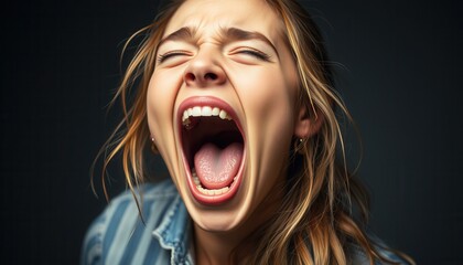 The young woman, with flowing hair, unleashes an intense scream as she stands in soft shadows, embodying a moment of emotional catharsis and profound expression