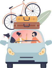 Couple and dog in car with suitcase and bicycle on roof, symbolizing adventure.