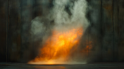 Fototapeta premium A fire is burning in a room with smoke and steam. The fire is orange and yellow, and it is surrounded by a dark room. Scene is tense and ominous, as the fire is spreading