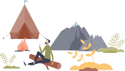 Fototapeta premium A man relaxes by a campfire near a tent, surrounded by mountains and plants, symbolizing tranquility and adventure.