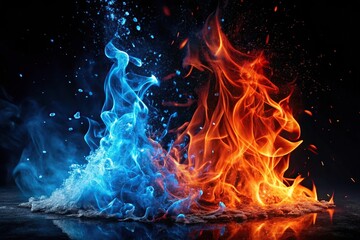 Blue and red fire on black background