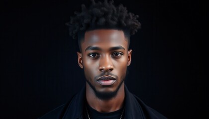 Obraz premium A young man stands with a solemn expression, illuminated by soft light, highlighting his textured hair and thoughtful gaze in a striking, dark atmosphere